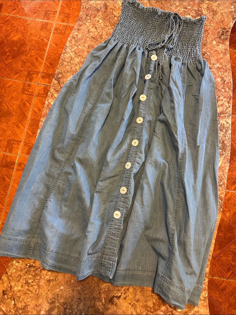 Smocked top  denim like dress in Light Blue